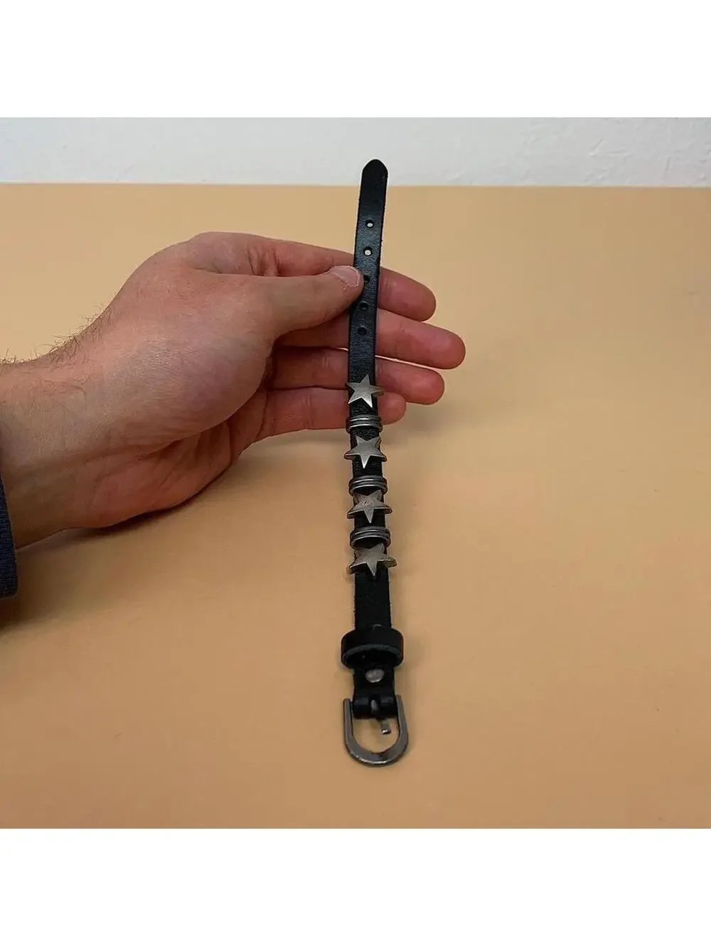 Cyber Y2k style silver star black leather bracelet. Adjustable. Cool design